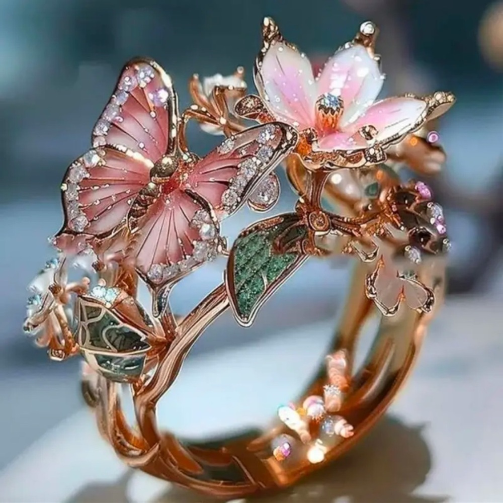 Rose Gold Butterfly and Flower Ring, Rose Gold Flower and Butterfly Ring